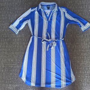 Blue and white striped collared shirt dress with waist belt size 8